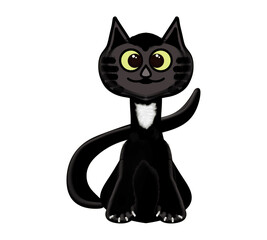 Black cat, character for Halloween decoration, drawing on a transparent background, for printing and design