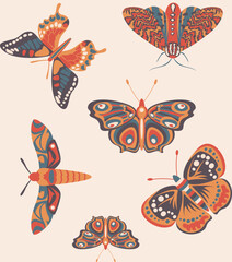 Butterfly groovy 70s 60s vector seamless pattern, stay groovy boho soul pharase. Hippie elements, vector illustration. Boho retro colours butterflies trendy print collection for textile, wallpaper.