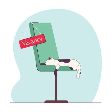 Office chair with vacancy sign flat vector illustration. Cat sleeping on chair. Company having open position. Career, recruitment, employment concept for banner, website design or landing web page