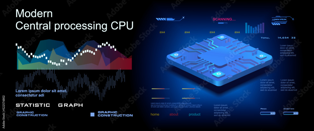Poster realistic computer cpu chip. powerful central processor in axonometric projection. new generation pr