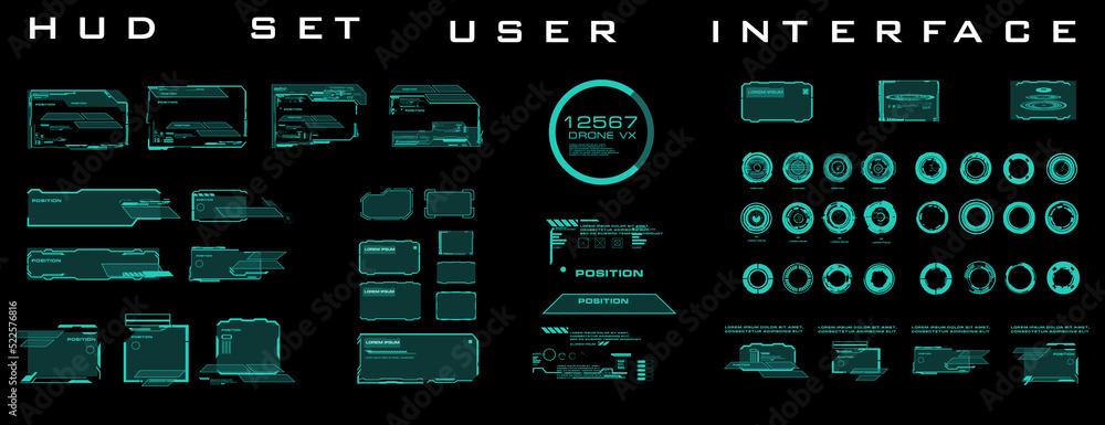 Aufkleber set hud user interface elements. futuristic interface with frames, callouts and dialogs. hud digital