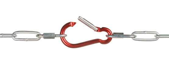 Red spring hook on a stretched chain, straightened from tension