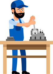 Repairman mechanic at work. Worker unscrews the nut with a wrench. Vector illustration.