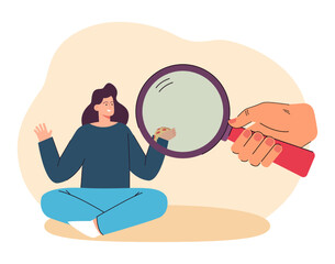 Person looking at piece of pizza through magnifier. Woman sitting and eating fast food flat vector illustration. Nutrition, junk food concept for banner, website design or landing web page