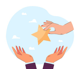 Human hand giving star in caring hands flat vector illustration. Client rating service, giving feedback. Award, success, quality, evaluation concept for banner, website design or landing web page