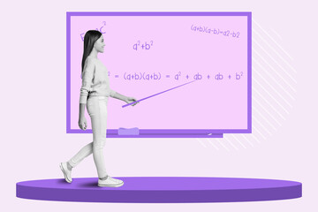 Composite collage illustration of small girl black white gamma hold pointer demonstrate algebraic...