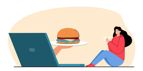 Hand out of laptop offering girl burger flat vector illustration. Girl drinking tea and ordering food online. Delivery, commerce, restaurant concept for banner, website design or landing web page