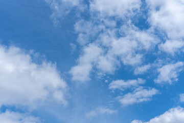 Blue sky background with white fluffy cumulus clouds. Panorama of white fluffy clouds in the blue sky. Beautiful vast blue sky with amazing scattered cumulus clouds.