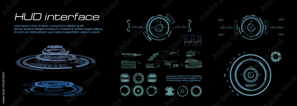Poster digital user interface hud. set of elements for user interface hud, gui, ui. virtual reality technol