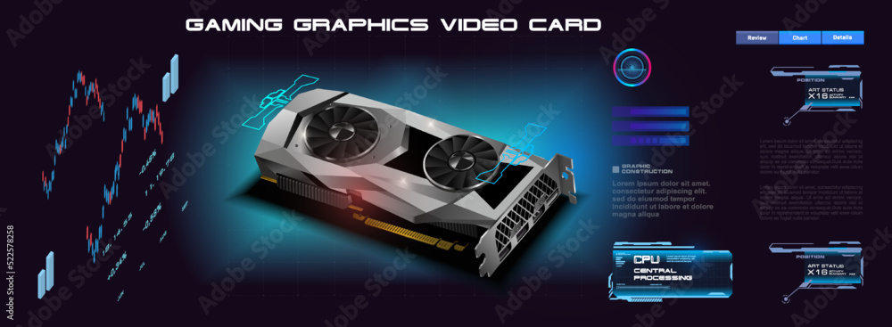 Poster realistic graphics card for computer. concept banner with a powerful video card for mining or video 