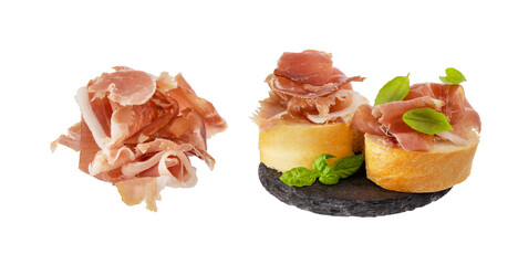 Sandwich with pieces of jamon isolated on white background. Sandwich with pork jerky
