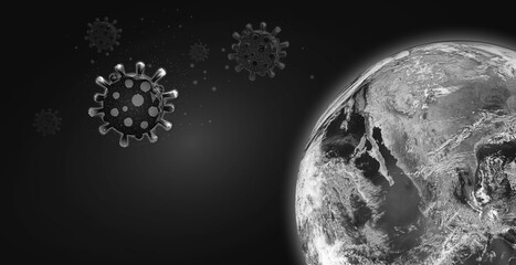 Virus is attacking the planet Earth. Black and white.  Elements of this image furnished by NASA