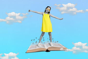 Composite collage of happy smiling little girl black white gamma stand big opened book flying...