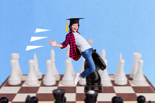 Composite collage of happy excited small boy ride chess knight horse figure chessboard isolated on creative background