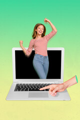Vertical collage image of big arm finger point netbook delighted girl display raise fists celebrate...