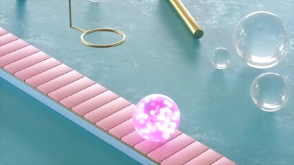 3d Satisfying video of looped animation with soft bubble falling on mechanical conveyor