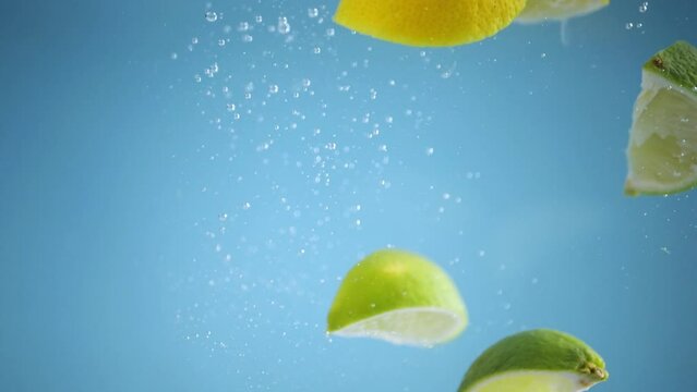 Super slow motion shot of lemons and limes falling into the water with a splash. Blue background.
