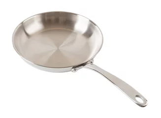 Foto op Aluminium Stainless steel frying pan isolated on a white background. Empty skillet of 18/10 chrome nickel steel cutout. New inox frypan for food frying, searing, and browning. Modern metal cookware. © Maryia