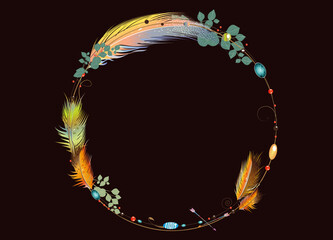 zarter Rahmen aus Federn und Ethno Symbolen