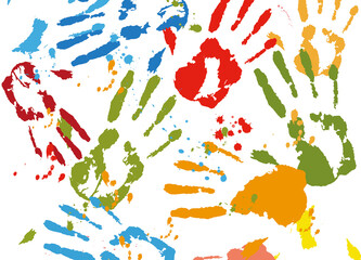 kunterbunte Handabdrücke von Kindern mit Kleckse
