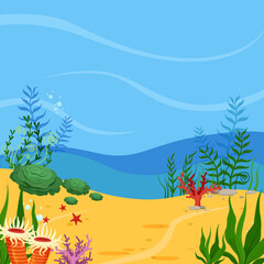 Fototapeta na wymiar Underwater scene background. Ocean sand ground with corals and plants