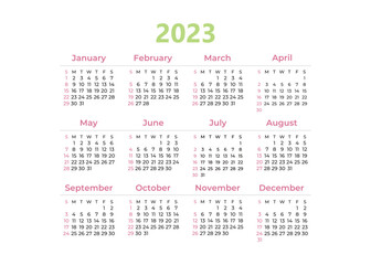 Fototapeta na wymiar Simple calendar 2023 year, week starts on sunday. Calendar 2023 template vector, simple minimal design
