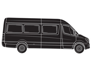 Black silhouette of a commercial minibus. Profile view.Isolated on a white background