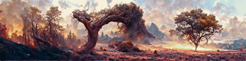 Artistic concept painting of a beautiful fantasy mystical tree landscape, surrealism. Tender and dreamy design, background illustration.