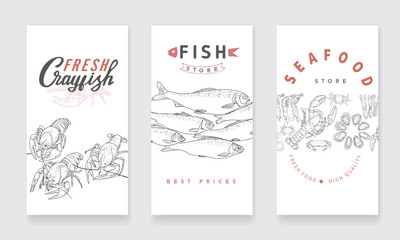 A set of vertical flyers for advertising a fish shop or seafood market. Illustrations for ocean products and fresh fish. Seafood labels for grocery, fishing, fish store.