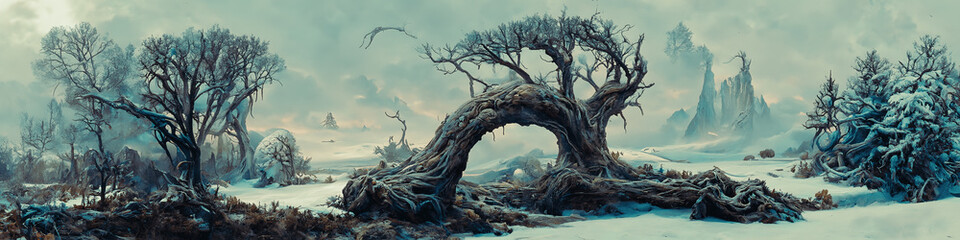 Fototapeta premium Artistic concept painting of a beautiful fantasy mystical tree landscape, surrealism. Tender and dreamy design, background illustration.