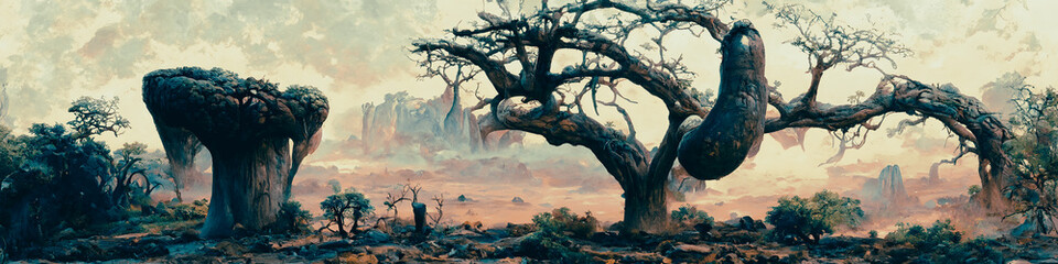 Fototapeta na wymiar Artistic concept painting of a beautiful fantasy mystical tree landscape, surrealism. Tender and dreamy design, background illustration.