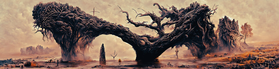 Artistic concept painting of a beautiful fantasy mystical tree landscape, surrealism. Tender and dreamy design, background illustration.