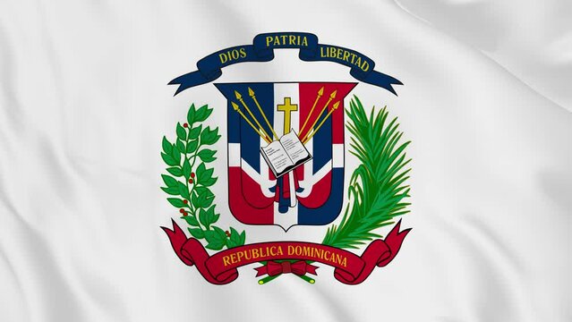 national emblem coat of arms or symbol of Dominican in waving flag. smooth 4k video seemless loop