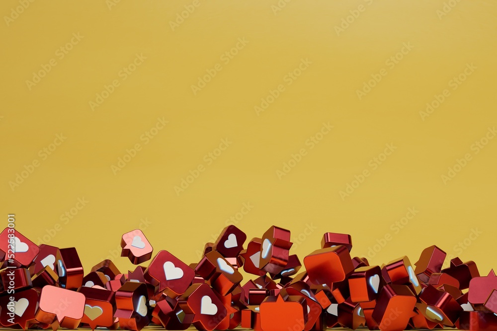 Poster abstract background consisting of patterns of illuminated red icons with hearts. likes on social net