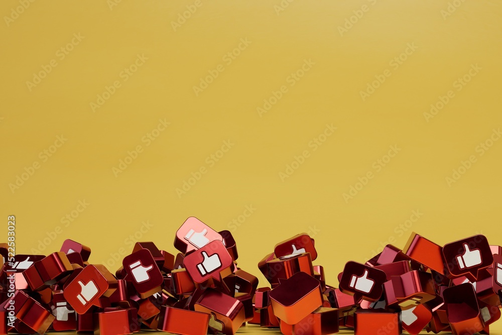 Poster abstract background. likes on social media. patterns of red icons with likes lying on top of each ot