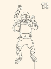 Astronaut in spacesuit. Flying man linear silhouette. Continuous line