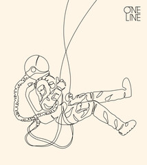 Astronaut on swing. Cosmonaut linear silhouette. One continuous line
