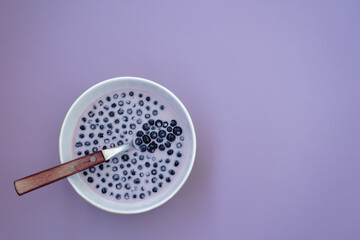 Bowl of wild blueberries with milk, copy space