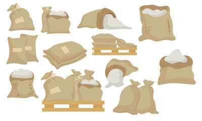 Sack or bag sand and rice seed. Farmer flour and potato pallet brown farming isolated vector illustration. Plant mill wheat agriculture and farm harvest icon set. Cartoon harvesting product symbol