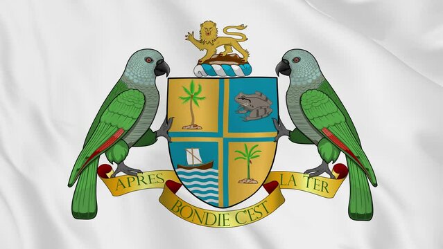 national emblem coat of arms or symbol of Dominica in waving flag. smooth 4k video seemless loop