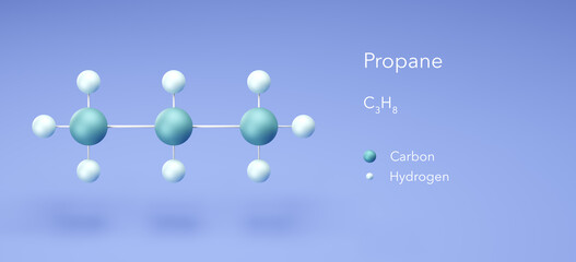 propane, natural colorless gas, molecular structures, 3d rendering, Structural Chemical Formula and Atoms with Color Coding
