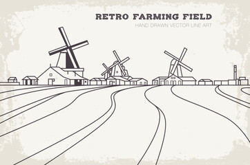 Retro farming field line art vector illustration