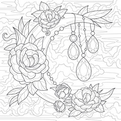 Moon with gems and flowers.Coloring book antistress for children and adults. Illustration isolated on white background.Zen-tangle style. Hand draw