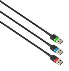 three cables with a USB connector, in RGB colors, on a white background