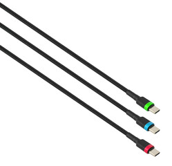 three cables with a Type-C connector, in RGB colors, on a white background