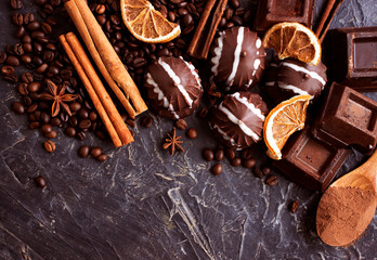 chocolate, sweets on a dark background