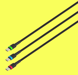 three cables with Type-C connector, in RGB colors, on a yellow background