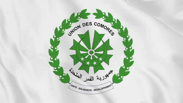 national emblem coat of arms or symbol of Comoros in waving flag. smooth 4k video seemless loop