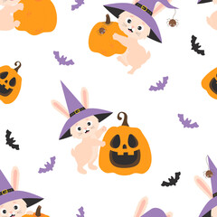 Seamless pattern Halloween. Cute bunny in witchs hat with broom and with Jack Pumpkin, ghost and bats . transparent background