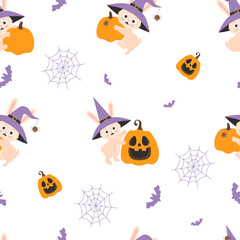 Obraz na płótnie Canvas Seamless pattern Halloween. Cute bunny in witchs hat with broom and with Jack Pumpkin, ghost and bats . transparent background